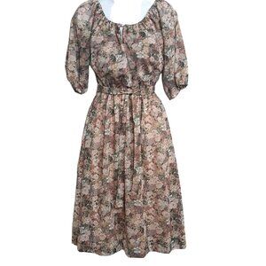 Eddys Vintage Womens Dress S Brown Floral Romantic Cottage Core Midi USA